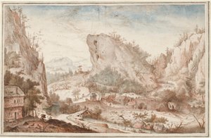 村の近くの旅行者と高山の風景 作： Roelant Savery